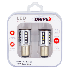 Светодиоды в габары, подсветку номера, салон DriveX Glow UL1 S25(2) 9-48V 30W CAN 2600Lm 1157/P21/5W BAY15D d-15mm к-т.