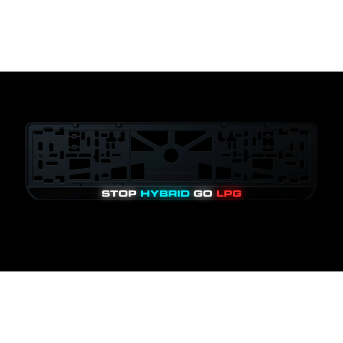 Номерна рамка STOP HYBRID GO LPG із високоякісного ABS пластику Ledos виглядає як LCD дисплей.