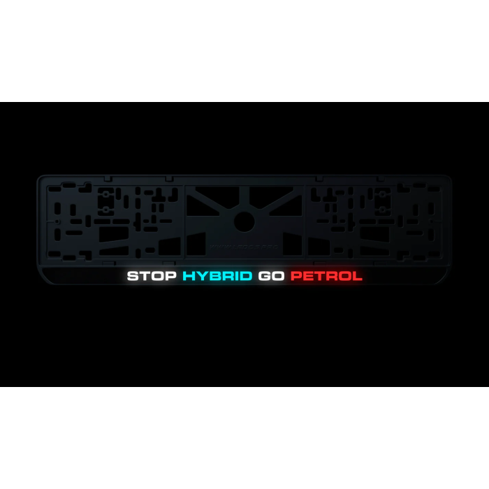 Номерна рамка STOP HYBRID GO PETROL із високоякісного ABS пластику Ledos виглядає як LCD дисплей.