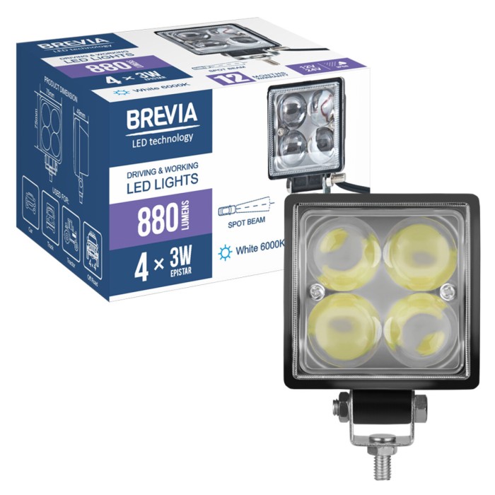 Фара світлодіодна Brevia Epistar 4D Spot 10-30V, 12W (4x3W), 880Lm, 1шт